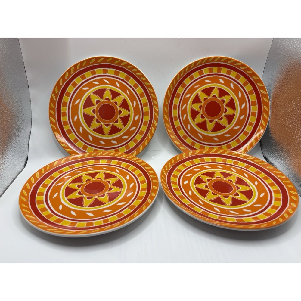 DEI Dennis East International 7" Orange Red Geometric Dessert Plates Set of 4
